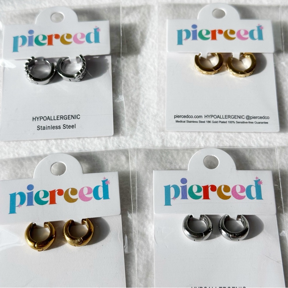 Set of Four NWT Huggie Hoop Earrings from Pierced Company, Silver and Gold